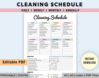 Editable Cleaning Schedule | Printable Cleaning Planner | Cleaning Template | House Chores | Weekly, Monthly Cleaning Schedule | Digital PDF