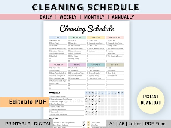 Editable Cleaning Schedule | Printable Cleaning Planner | Cleaning Template | House Chores | Weekly, Monthly Cleaning Schedule | Digital PDF
