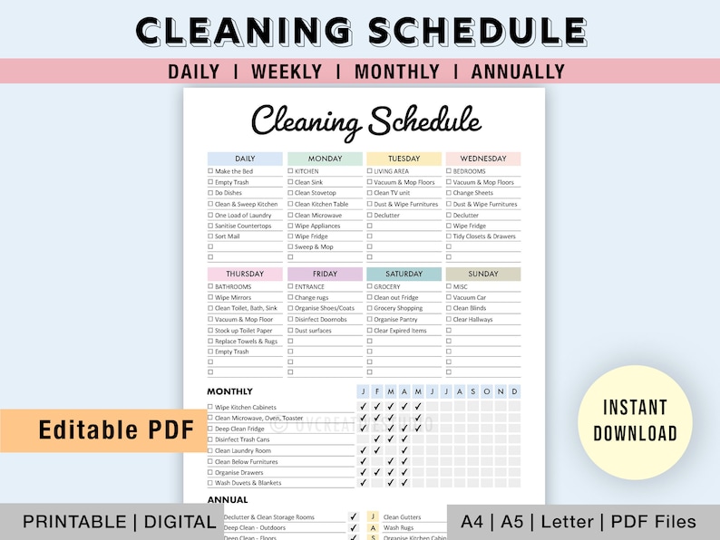 May include: A printable cleaning schedule checklist with a colorful design. The checklist includes daily, weekly, monthly, and annual cleaning tasks. The checklist is divided into sections for different areas of the home, such as the kitchen, bathroom, bedroom, and living area. The checklist also includes a calendar for tracking cleaning tasks.