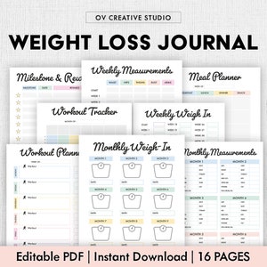 Editable Weight Loss Journal, Weight Loss Tracker Printable, Habit Tracker, Workout Planner, Meal Plan, Weight Loss Motivation,Measurements