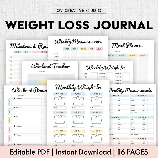 Editable Weight Loss Journal, Weight Loss Tracker Printable, Habit Tracker, Workout Planner, Meal Plan, Weight Loss Motivation,Measurements