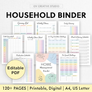 May include: A printable household binder with pastel coloured pages and a cover featuring a floral design and the text "HOME Management Binder". The binder includes pages for grocery lists, weekly fitness plans, daily cleaning tasks, debt snowball tracking, weekly chore charts, 30-day decluttering challenges, plant watering schedules, medication schedules, and no-spend challenges.
