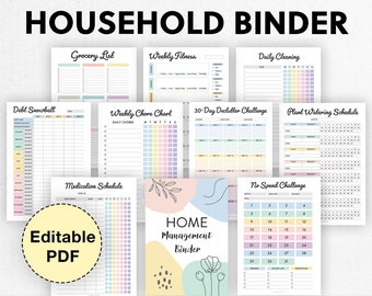 Home Management Binder Printable PDF, Household Planner, Productivity, Finance, Chores, Cleaning, Maintenance, Meal, Fitness, Travel, Garden