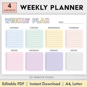 Editable Weekly Planner | Printable, Digital | Weekly Planner PDF | Weekly Organizer | Weekly To Do List Template | Weekly Plan | Week Plan