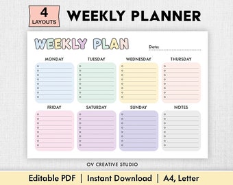 Editable Weekly Planner | Printable, Digital | Weekly Planner PDF | Weekly Organizer | Weekly To Do List Template | Weekly Plan | Week Plan