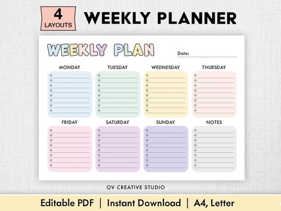 Editable Weekly Planner | Printable, Digital | Weekly Planner PDF | Weekly Organizer | Weekly To Do List Template | Weekly Plan | Week Plan