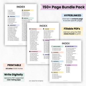 May include: A printable 150+ page PDF bundle pack with a detailed index. The pages are organized into categories like personal, emergency, insurance, medical, and financial. The document is designed for digital note-taking and is US Letter size.
