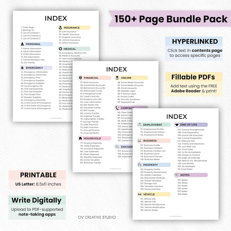 May include: A printable 150+ page PDF bundle pack with a detailed index. The pages are organized into categories like personal, emergency, insurance, medical, and financial. The document is designed for digital note-taking and is US Letter size.