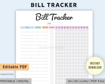 Editable Bill Tracker | Yearly Bill Tracker | Monthly Bill Tracker | Printable Bill Tracker | Bill Payment Log, Subscription Payment | PDF