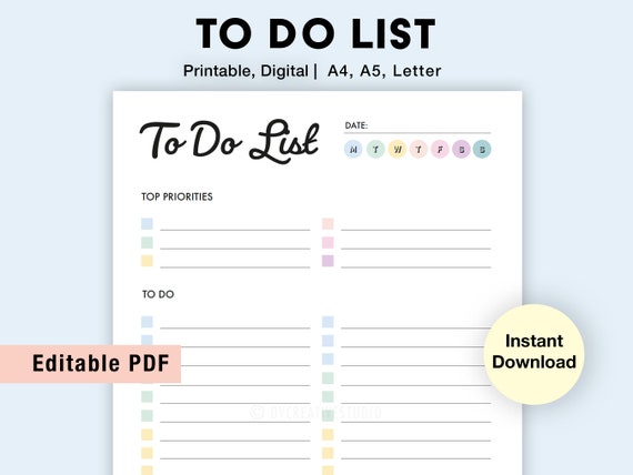 Editable To Do List | To Do List Printable | To Do List Planner PDF | To Do List Template | To Do List ipad | Simple To Do List Template