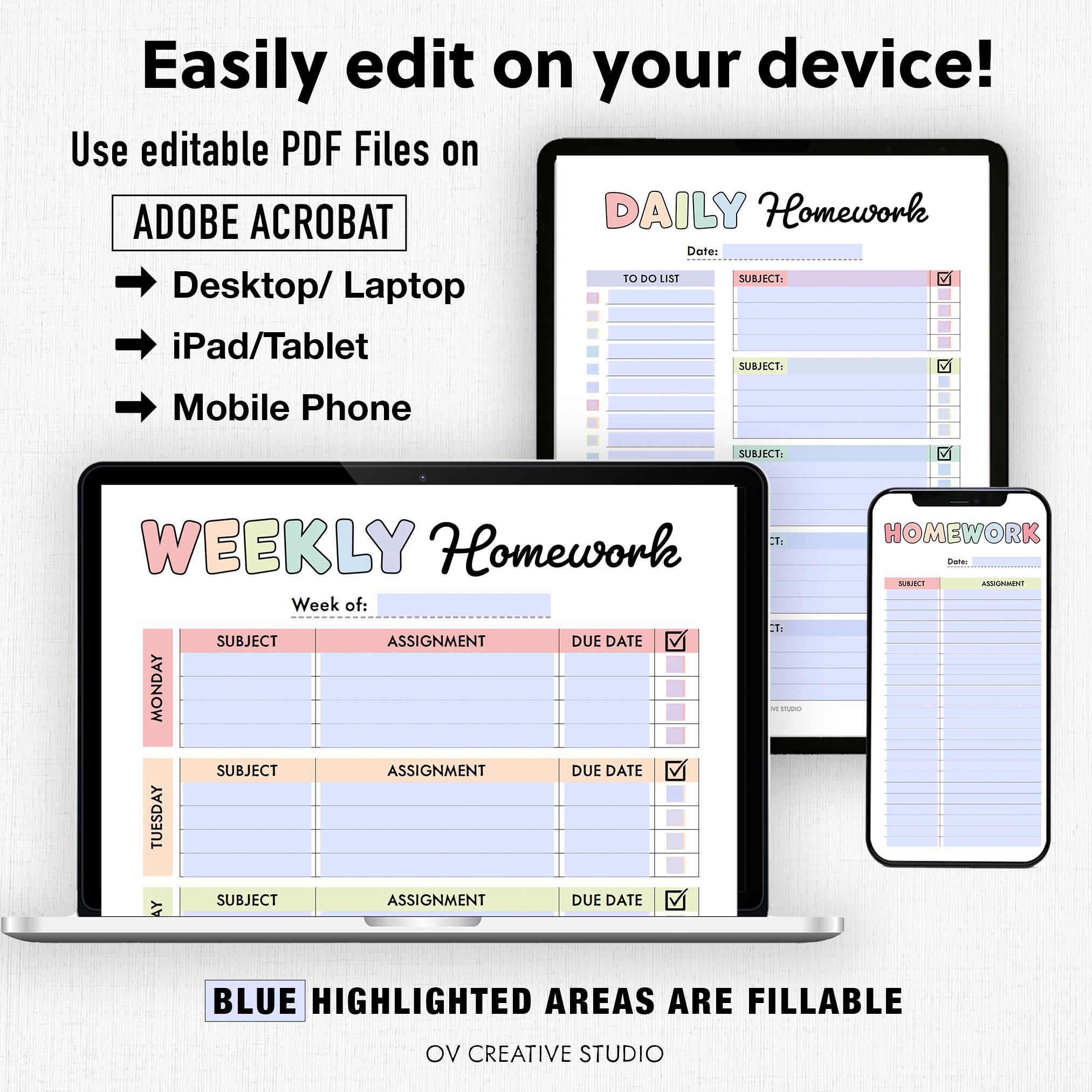 Editable Homework Planner | Printable, Digital | Student Planner ...