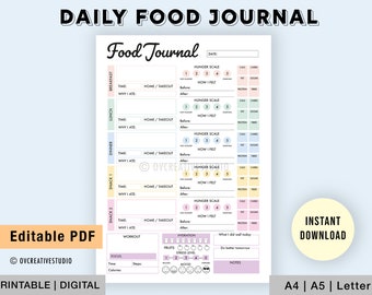 May include: Printable daily food journal with sections for breakfast, lunch, dinner, snacks, workout, hydration, stress level, and notes. The journal has a pastel color scheme with pink, blue, and yellow accents.