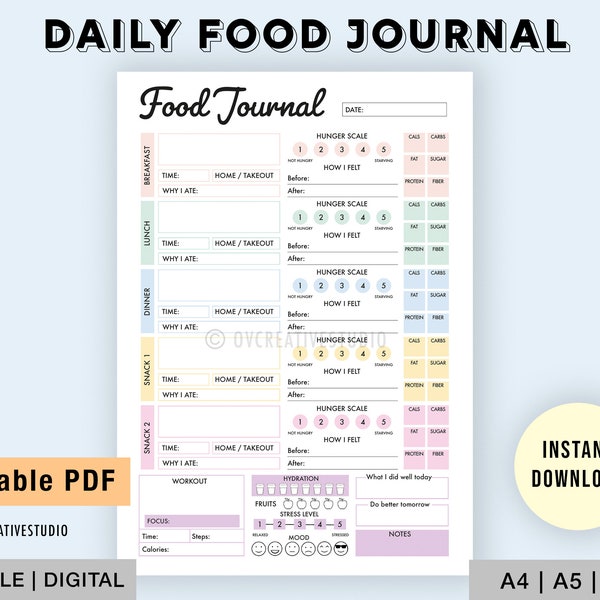 Editable Food Journal | Printable, Digital | Food Diary, Daily Food Journal, Fitness Diet | Meal Journal | Meal Tracker, Calorie Tracker