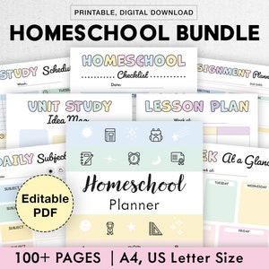 Editable Homeschool Planner Bundle Printable, Digital Academic, Lesson, Subject Unit, Homework, Assignments, Reading, Field Trip, Exams image 1