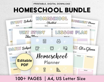 Editable Homeschool Planner Bundle | Printable, Digital | Academic, Lesson, Subject Unit, Homework, Assignments, Reading, Field Trip, Exams