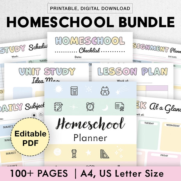 Editable Homeschool Planner Bundle | Printable, Digital | Academic, Lesson, Subject Unit, Homework, Assignments, Reading, Field Trip, Exams