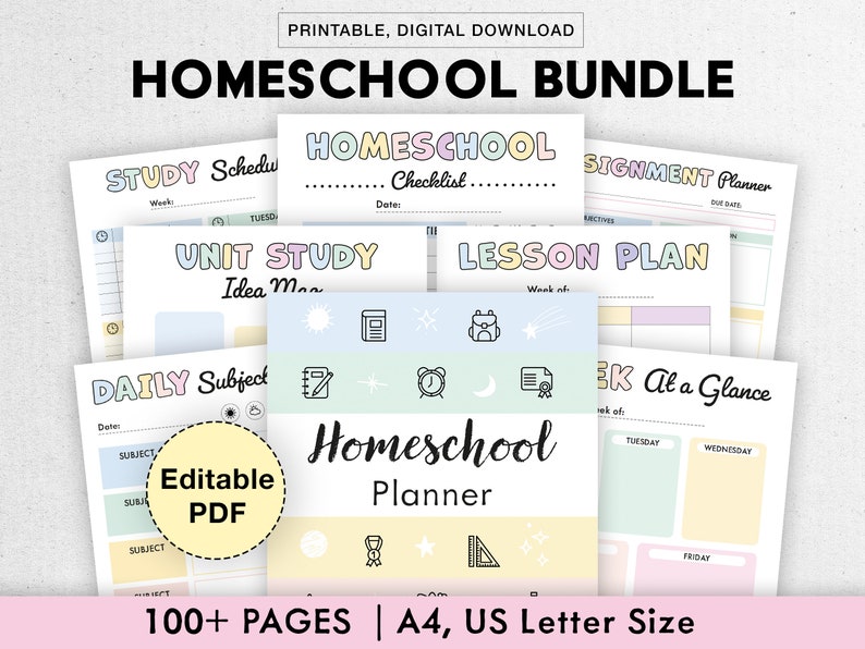 Editable Homeschool Planner Bundle Printable, Digital Academic, Lesson, Subject Unit, Homework, Assignments, Reading, Field Trip, Exams image 1