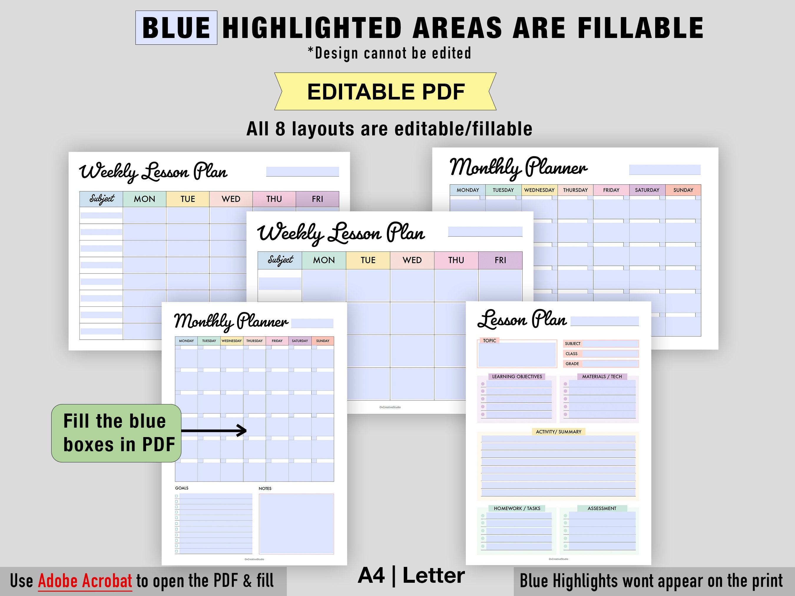 Editable Lesson Planner Printable Digital Weekly Lesson Etsy
