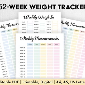 Wekelijkse Gewichtsverlies Tracker, Afdrukbare, Digitale, Bewerkbare PDF, Gewichtsdagboek van 52 weken, Gewichtstoename van één jaar, Gewichtsmetingsgrafiek