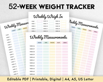 Weekly Weight Loss Tracker, Printable, Digital, Editable PDF, 52 Week Weight Journal, One Year Weight Gain Loss, Weight Measurement Chart