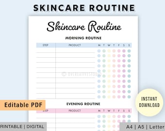 Editable Skincare Routine | Printable Skincare Template | Skincare Organizer | Skincare Planner | Skincare Tracker, Beauty Journal | Digital
