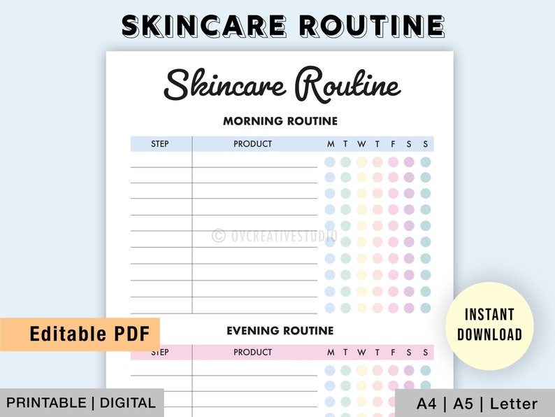 May include: A printable skincare routine planner with the text "Skincare Routine" at the top. The planner includes sections for morning and evening routines, with spaces to list products and track usage. The planner is available in A4, A5, and Letter sizes.