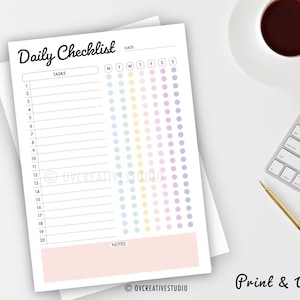May include: A printable daily checklist with a pastel rainbow colour scheme. The checklist has 20 numbered tasks, a section for notes, and a column for each day of the week. The text "Daily Checklist" is at the top of the page.