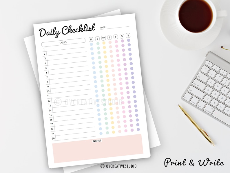 May include: A printable daily checklist with a pastel rainbow colour scheme. The checklist has 20 numbered tasks, a section for notes, and a column for each day of the week. The text "Daily Checklist" is at the top of the page.