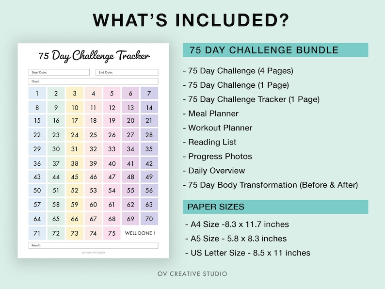K&ouml;nnte beinhalten: Ein druckbarer 75-Tage-Challenge-Tracker mit einem Regenbogen-Farbschema. Der Tracker enth&auml;lt ein Raster mit Zahlen von 1 bis 75, mit einem Abschnitt f&uuml;r Start- und Enddatum, ein Ziel und einen Ergebnisbereich. Der Text "What's Included?" befindet sich oben auf der Seite, gefolgt von einer Liste der druckbaren Elemente, die im 75-Tage-Challenge-Paket enthalten sind. Die Liste enth&auml;lt eine 75-Tage-Herausforderung, einen Essensplaner, einen Trainingsplaner, eine Leseliste, Fortschrittsfotos, eine t&auml;gliche &Uuml;bersicht und eine 75-Tage-K&ouml;rpertransformation. Der Text "Paper Sizes" befindet sich unten auf der Seite, gefolgt von einer Liste der Papierformate, darunter A4, A5 und US Letter.