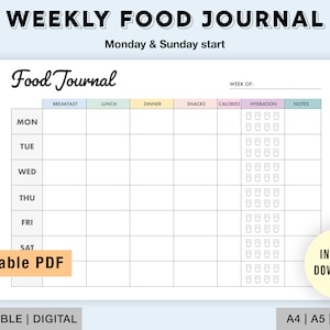 May include: Printable weekly food journal template with sections for breakfast, lunch, dinner, snacks, calories, hydration, and notes. The template is designed for a Monday and Sunday start. The journal is available for instant download in A4, A5, and Letter sizes.