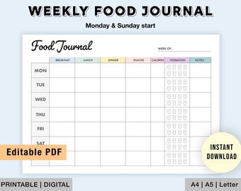 Editable Weekly Food Journal | Printable, Digital | Food Diary, Daily Food Journal, Fitness Diet | Meal Journal | Calorie Tracker PDF