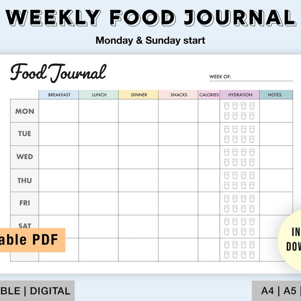 Editable Weekly Food Journal | Printable, Digital | Food Diary, Daily Food Journal, Fitness Diet | Meal Journal | Calorie Tracker PDF