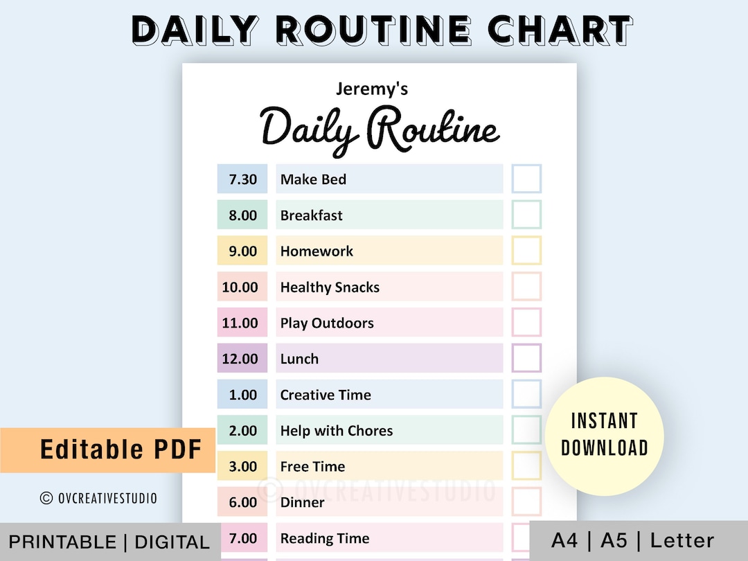 Editable Daily Routine Checklist Kids | Printable | Kids Routine Chart ...
