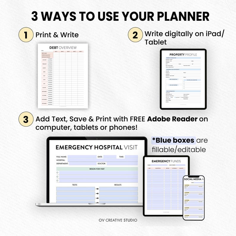 May include: An image showcasing three methods for using a planner. The text reads "3 Ways to Use Your Planner." The methods include printing and writing, writing digitally on a tablet, and adding text, saving, and printing with Adobe Reader. The image includes examples of planner pages.