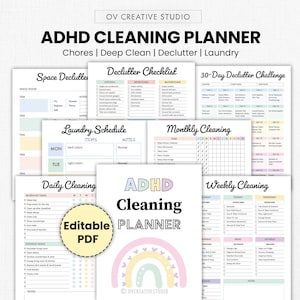 May include: An ADHD cleaning planner in an editable PDF format featuring multiple pages including a declutter checklist, laundry schedule, monthly cleaning tracker, and daily cleaning tasks. The cover displays a pastel rainbow graphic.