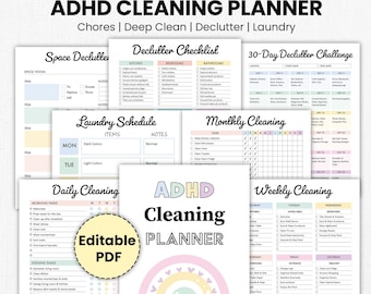 Editable ADHD Cleaning Planner Bundle, Printable, Weekly, Monthly Cleaning Planner, Checklist, Declutter, Deep Cleaning, Laundry