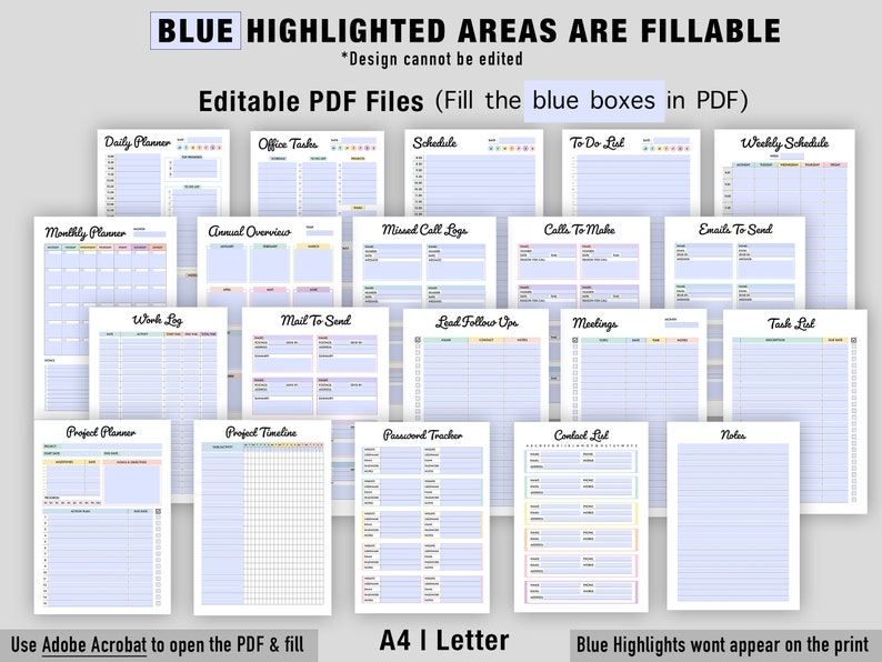 Op de afbeelding: Een set van 16 afdrukbare PDF-plannerpagina's met blauw gemarkeerde invulbare gebieden. De pagina's bevatten een dagplanner, een weekplanning, een maandplanner, een projectplanner en meer. De tekst "Blue Highlights wont appear on the print" staat onderaan de afbeelding.