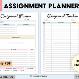 Editable Assignment Planner, Assignment Tracker | Study Planner, Homework, College Assignment Tracker | Digital Printable Assignment Planner