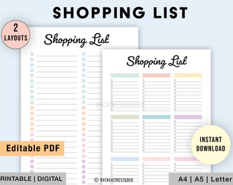 Editable Shopping List | Printable Shopping Checklist | Shopping List Digital Download | Grocery List | Shopping To Do List Digital PDF