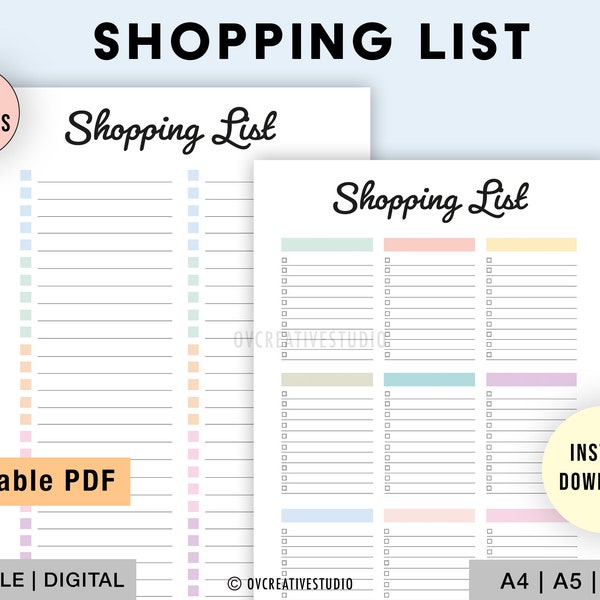 Editable Shopping List | Printable Shopping Checklist | Shopping List Digital Download | Grocery List | Shopping To Do List Digital PDF