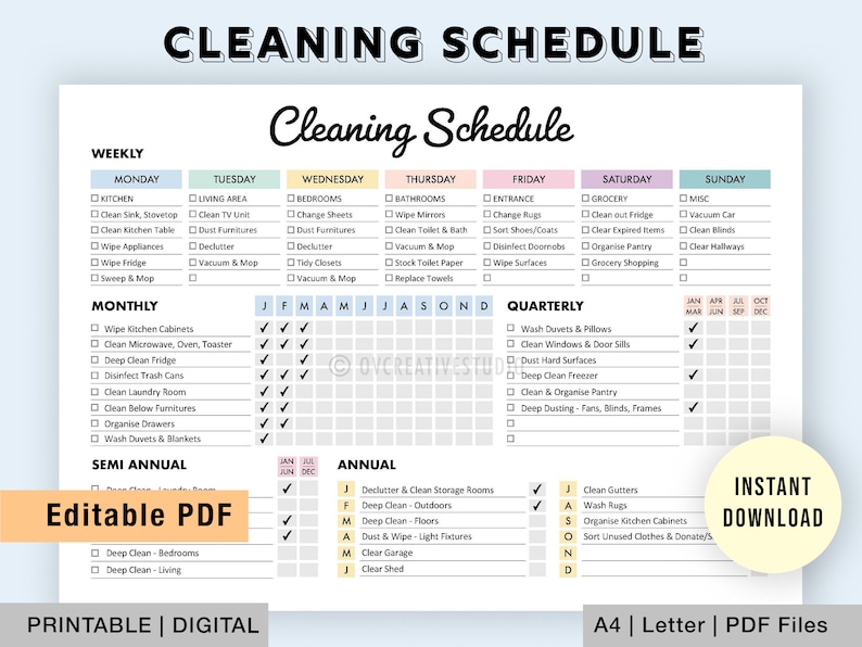 Editable Cleaning Schedule | Printable | Weekly, Monthly, Yearly Cleaning Checklist |  Cleaning Planner | House Chore List | Digital | PDF 