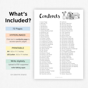 May include: A printable digital planner page with a white background, featuring a "Contents" list and "What's Included?" section. The planner includes 72 pages, is A4 size (8.3 x 11.7 inches), and US Letter size (8.5 x 11 inches).