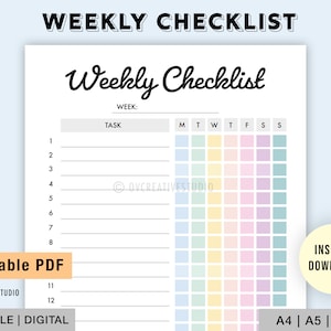 May include: A printable weekly checklist with a pastel rainbow colour scheme. The checklist has a section for tasks and a grid for each day of the week. The text "Weekly Checklist" is at the top of the page.