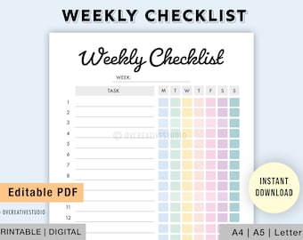 Editable Weekly Checklist | Printable Weekly To Do List | Daily Checklist Template | Weekly Task Planner Template | Weekly Routine PDF