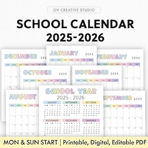Kalendarz szkolny 2025-2026 | Do druku, Cyfrowy | Miesięczny planer, Rok w skrócie, Roczny kalendarz akademicki | Edytowalny PDF