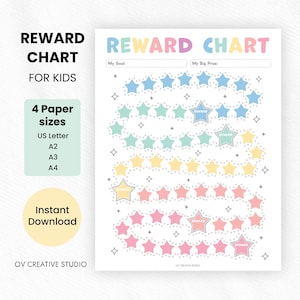 May include: A printable reward chart for kids with colorful stars and the text "REWARD CHART FOR KIDS." Includes options for US Letter, A2, A3, and A4 paper sizes. Features a section for goals and prizes.