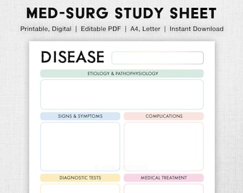 Editable Med Surg Study Template, Printable, Disease Process, Nursing Notes, Pathophysiology Template, Medical Surgical Nursing, Concept Map