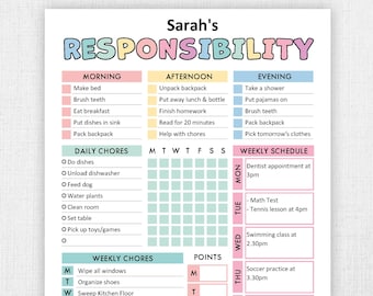 Editable Responsibility Chore Chart for Kids | Printable | Kids Daily Weekly Schedule | Kids Chore List | Kids Daily Routine Checklist | PDF