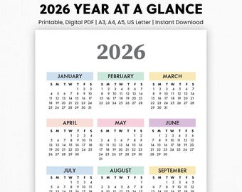 Colorful 2026 Year Calendar Printable | Digital Download | 2026 Annual Calendar | Yearly Planner, Tracker | Year at a Glance | Wall Calendar