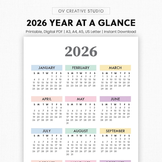 Colorful 2026 Year Calendar Printable | Digital Download | 2026 Annual Calendar | Yearly Planner, Tracker | Year at a Glance | Wall Calendar